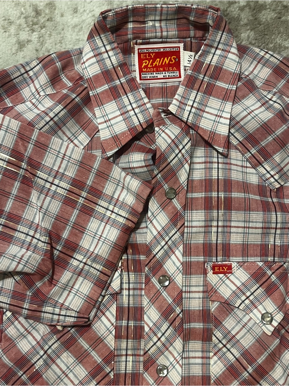 Vintage Ely Plains Mens 14.5 Small Short Sleeve Pearl Snap Western Shirt USA